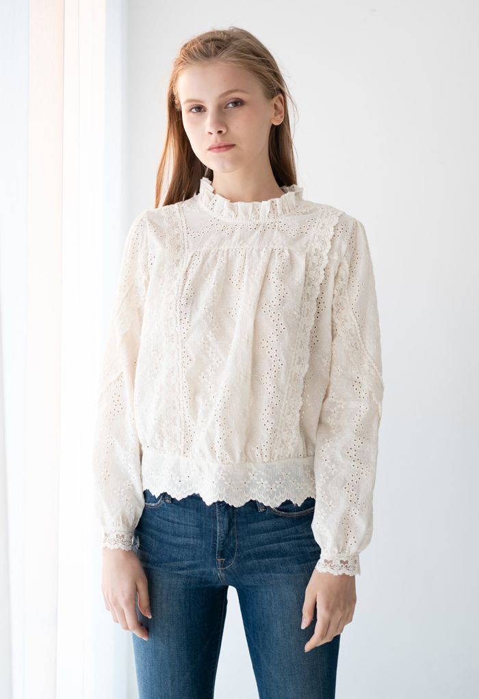 High Neck Eyelet Embroidered Floret Top in Cream