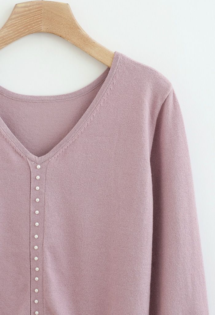Pearl Trim Shimmer Knit Top in Pink