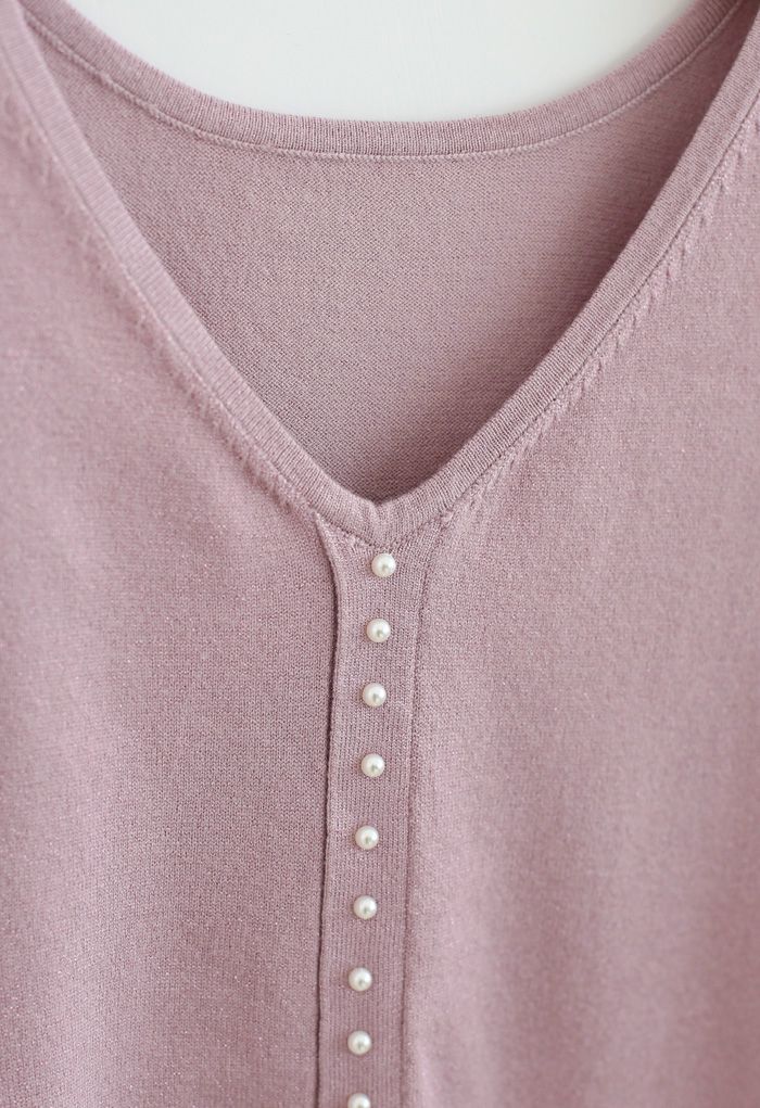 Pearl Trim Shimmer Knit Top in Pink