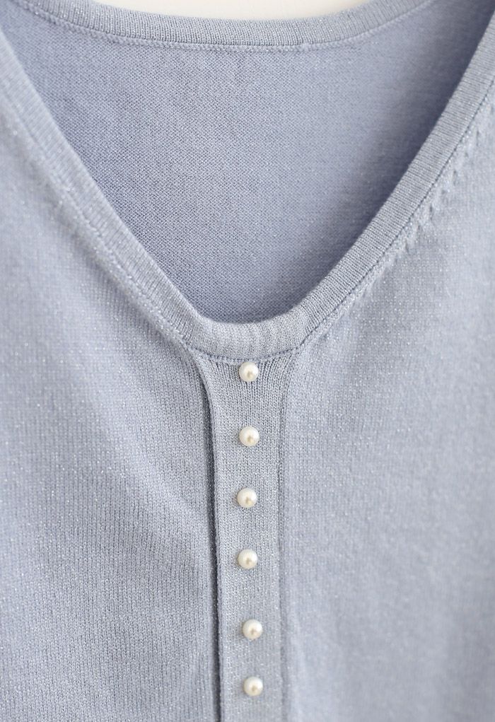 Pearl Trim Shimmer Knit Top in Blue