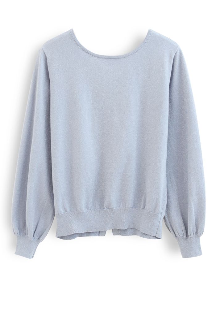 Pearl Trim Shimmer Knit Top in Blue