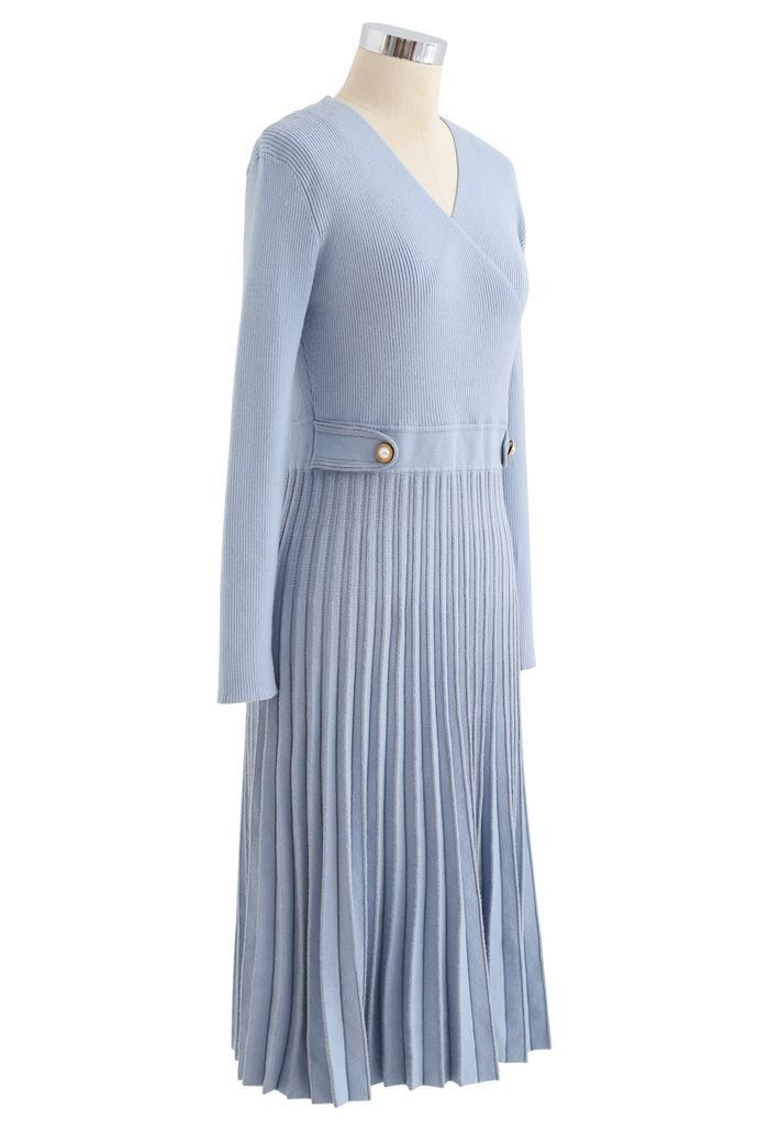 Button Embellished Wrap Pleated Knit Dress in Blue