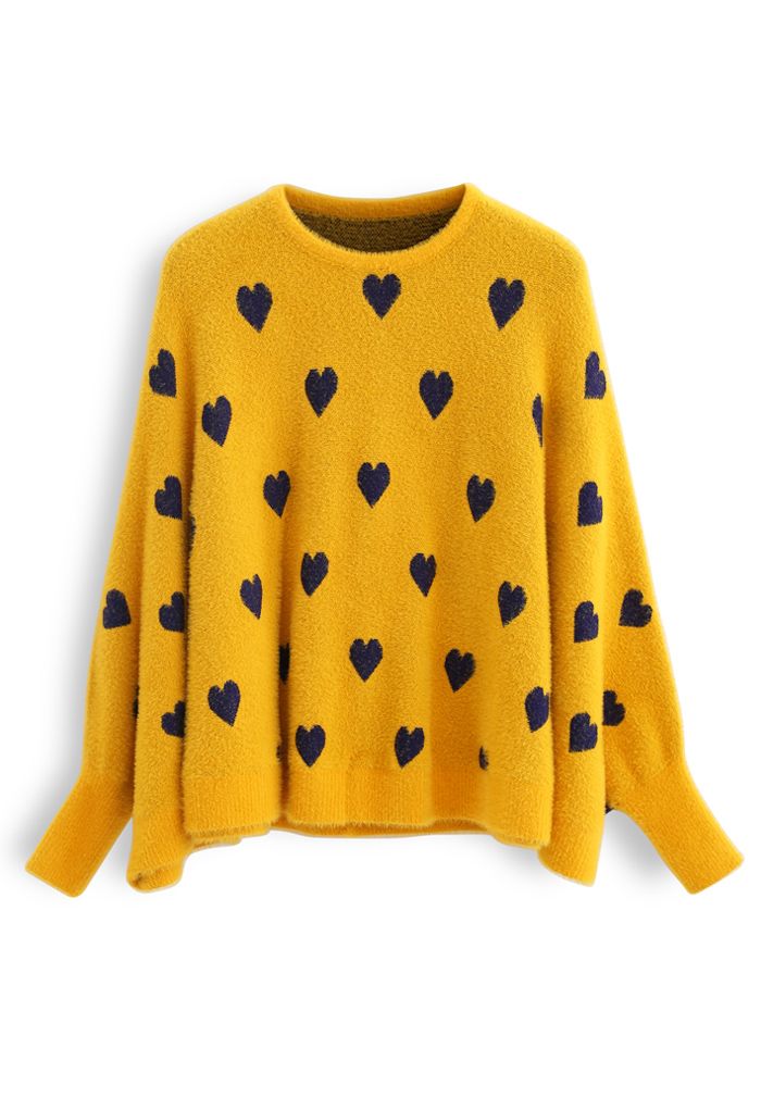 Batwing Sleeves Heart Fluffy Knit Sweater in Mustard