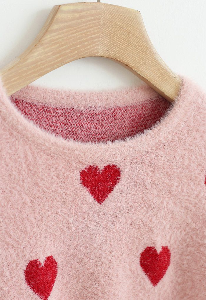 Batwing Sleeves Heart Fluffy Knit Sweater in Pink