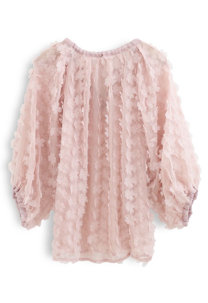 3D Clover Sheer Puff Sleeves V-Neck Top in Pink