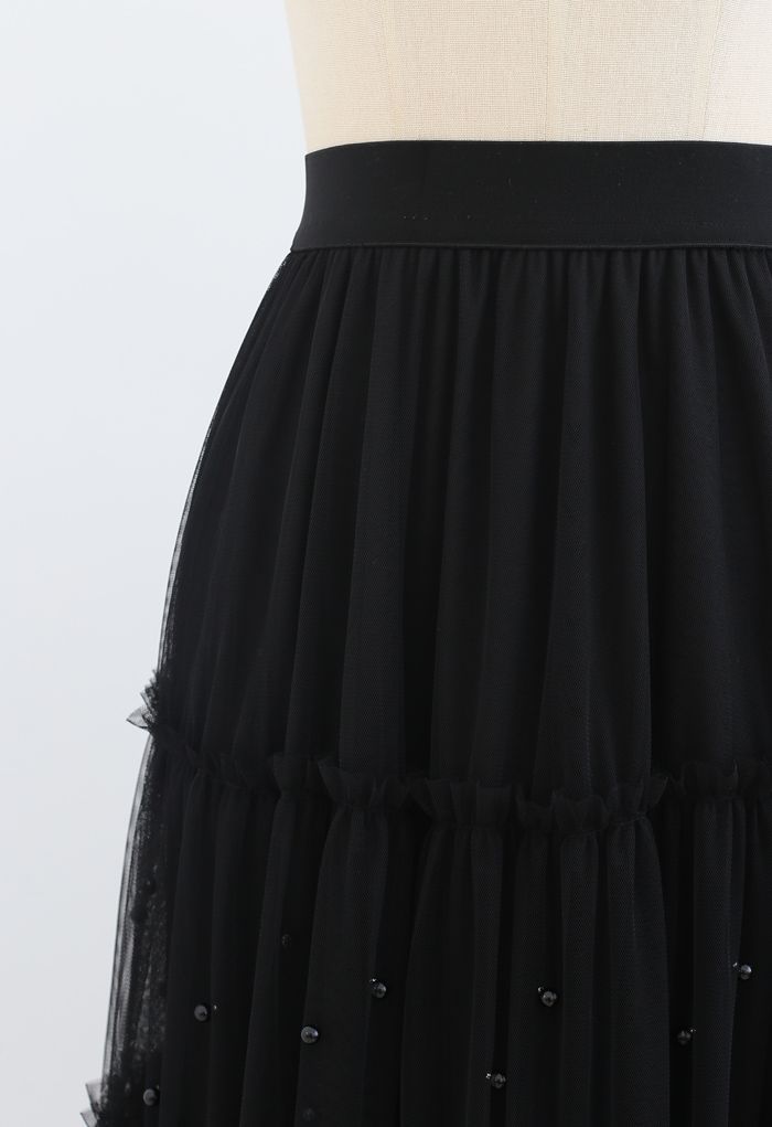 Beads Trim Double-Layered Tulle Mesh Skirt in Black