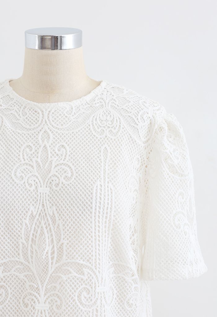 Crochet Eyelet Short-Sleeve Top in White