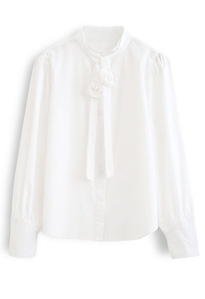 Detachable Flower Ribbon Buttoned Shirt in White
