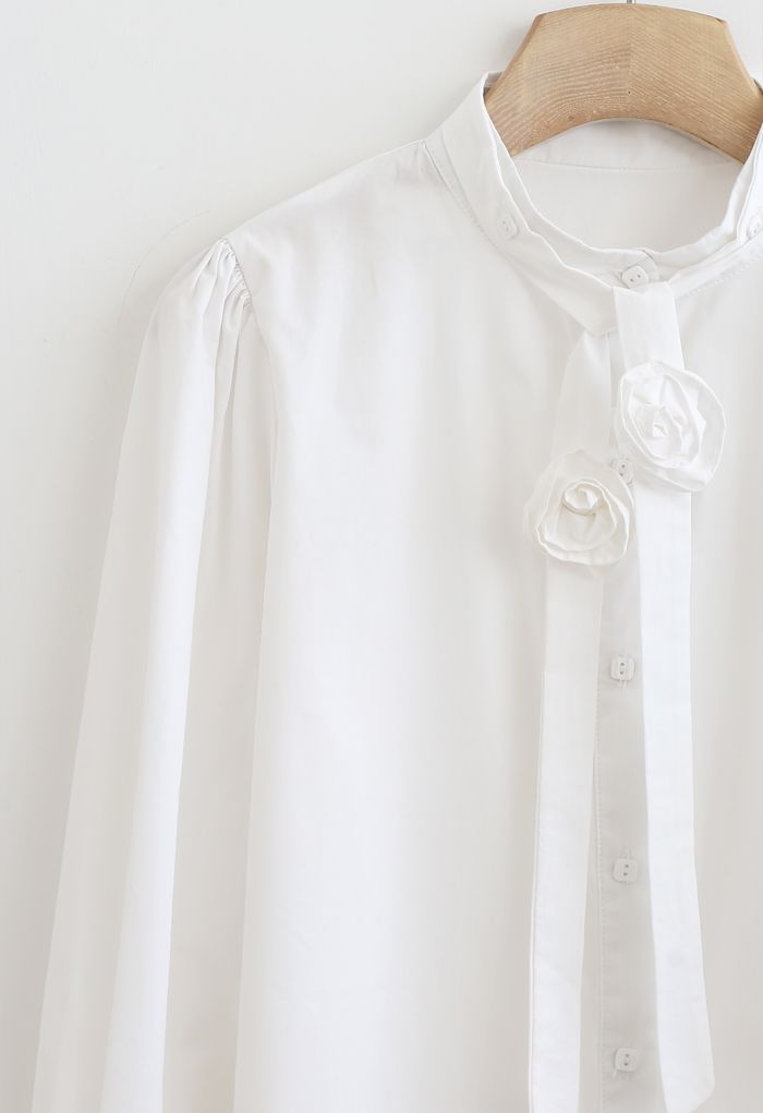 Detachable Flower Ribbon Buttoned Shirt in White