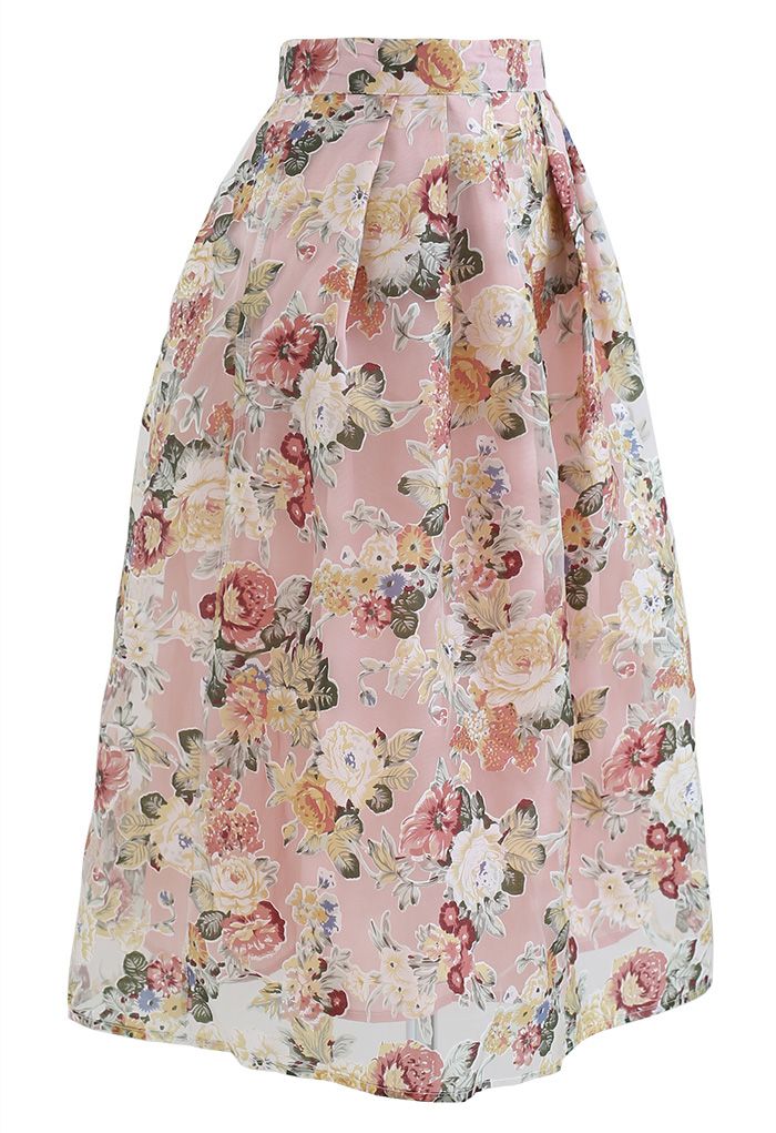 Blooming Flowers Printed Organza Midi Skirt