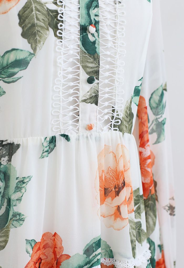 Floral Print Crochet Trim Frilling Chiffon Dress in White