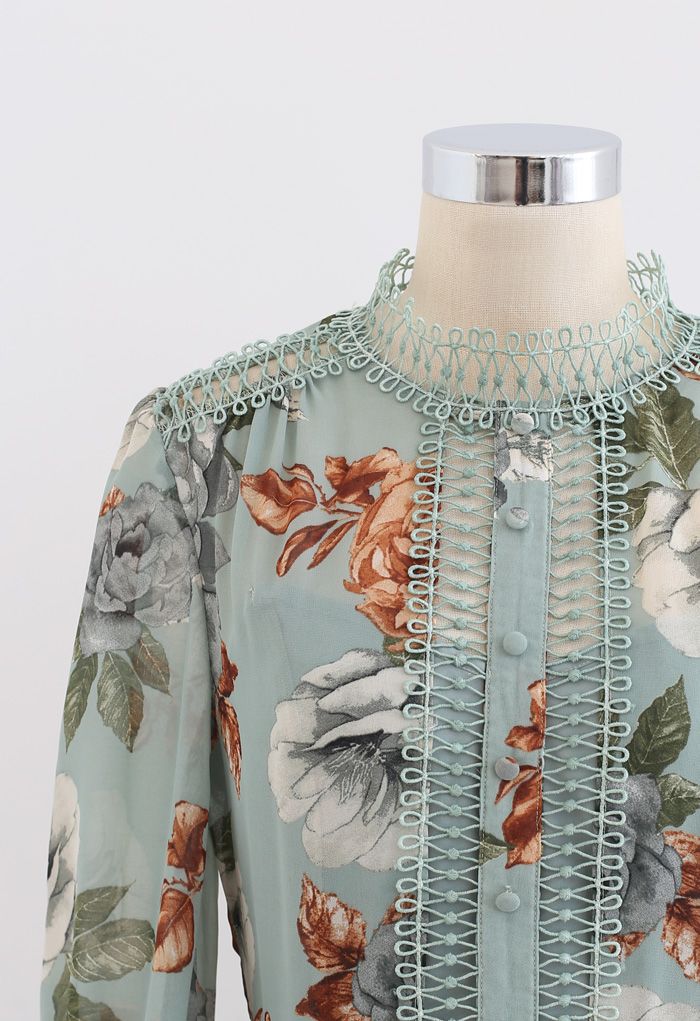 Floral Print Crochet Trim Frilling Chiffon Dress in Green