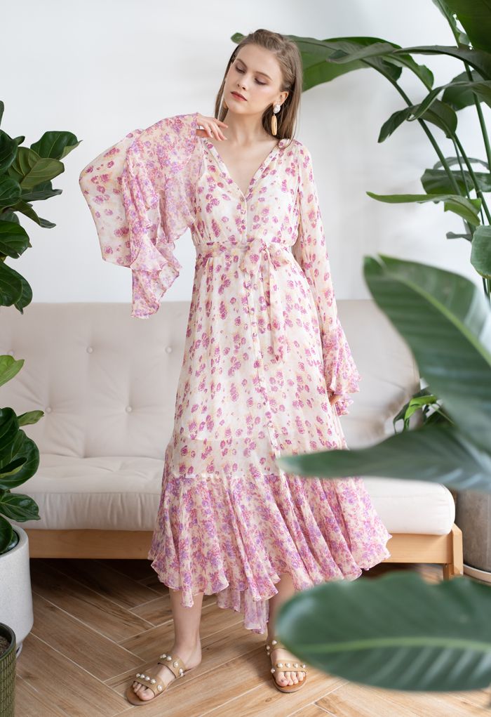 Ditsy Floral Kimono Sleeves Semi-Sheer Hi-Lo Dress