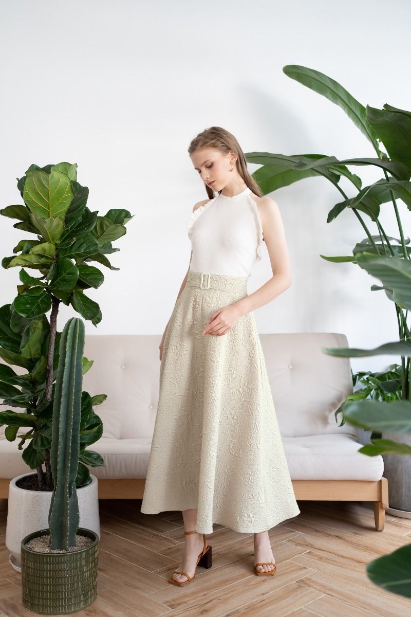 Rose Embossed A-Line Maxi Skirt in Sand