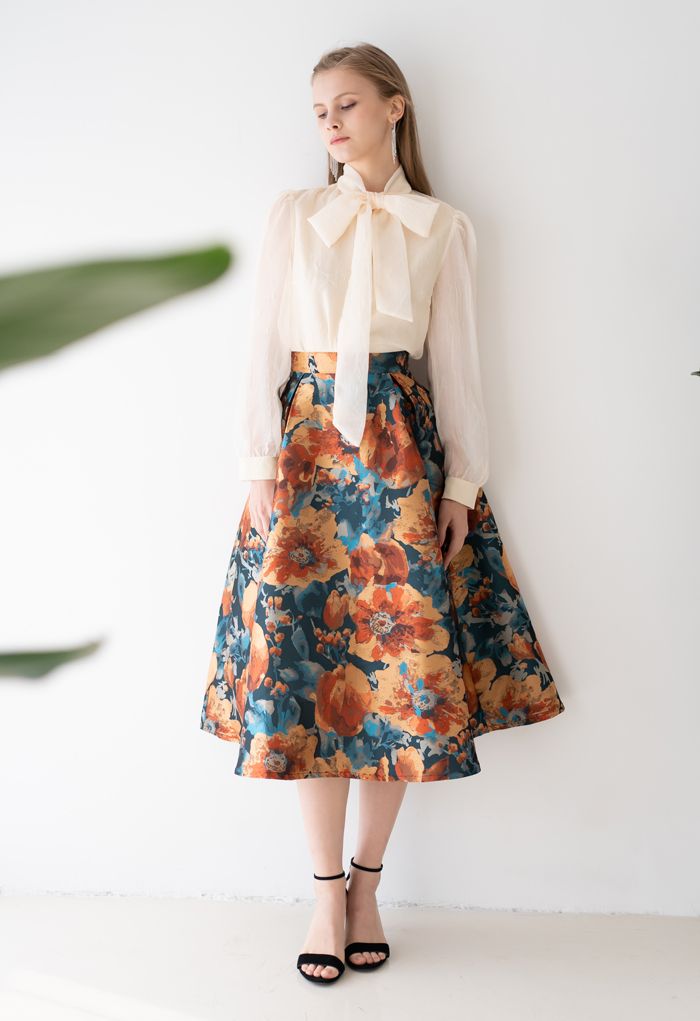 Painting Floral Flare Jacquard Skirt