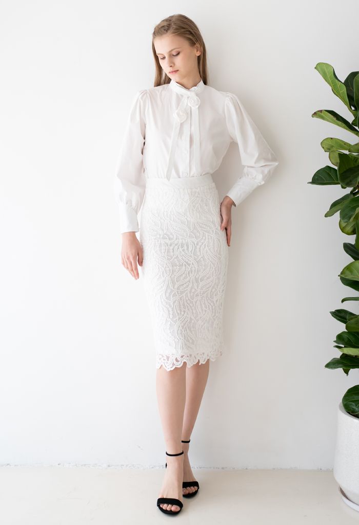 Embroidered Vine Organza Pencil Skirt in White
