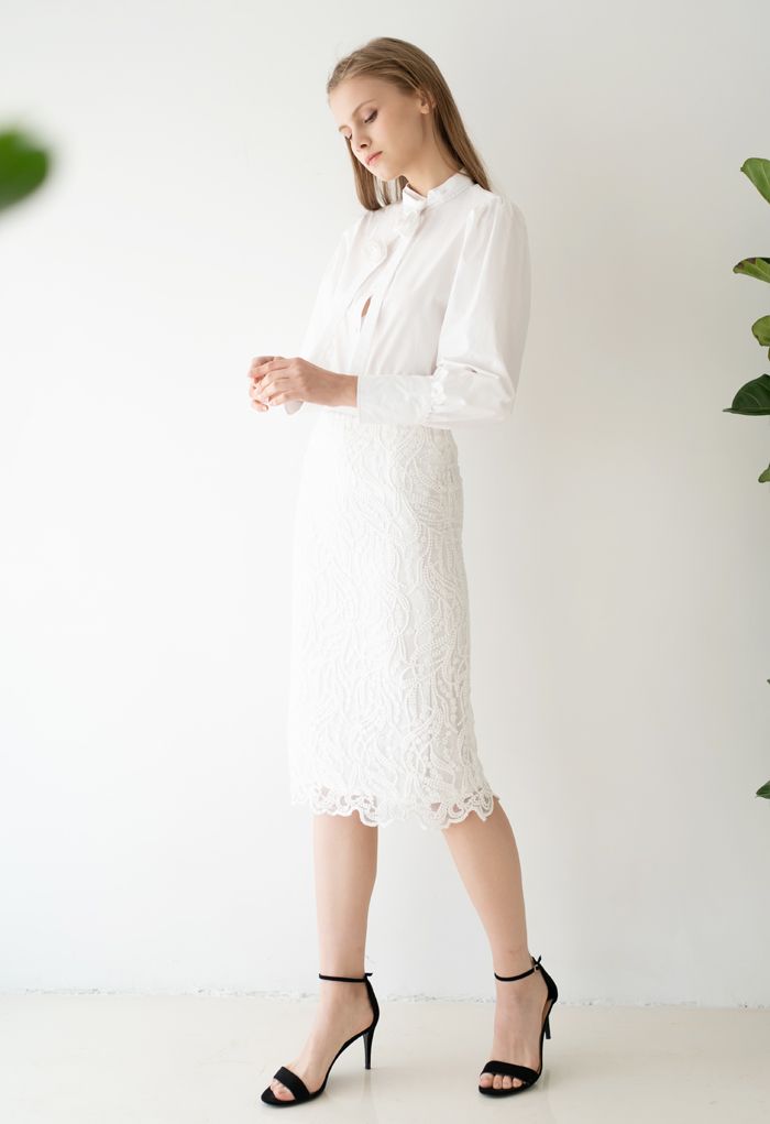Embroidered Vine Organza Pencil Skirt in White