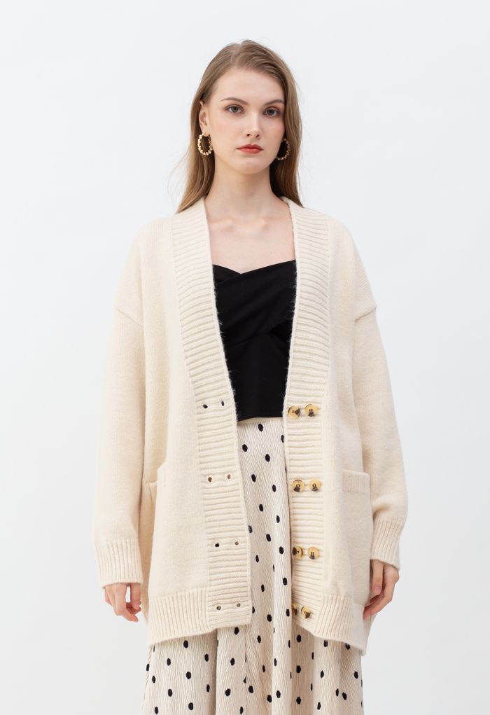 Pockets Double-Breasted Longline Cardigan in Ivory