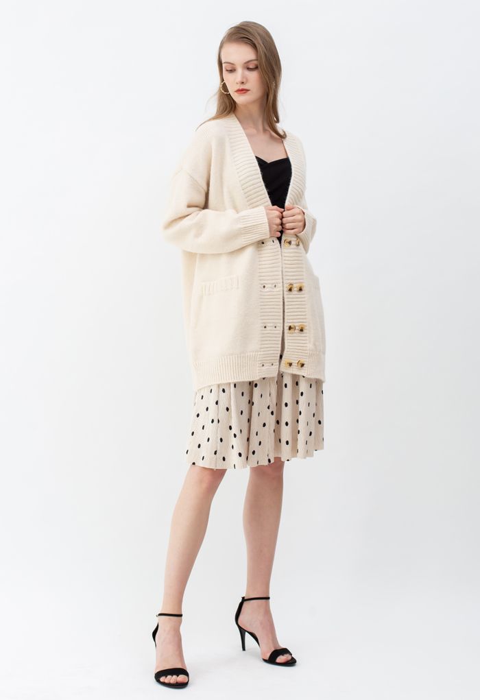 Pockets Double-Breasted Longline Cardigan in Ivory