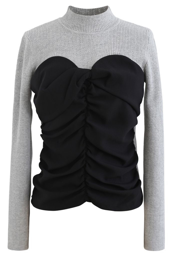 Sweetheart Spliced Ruched Knit Top in Grey