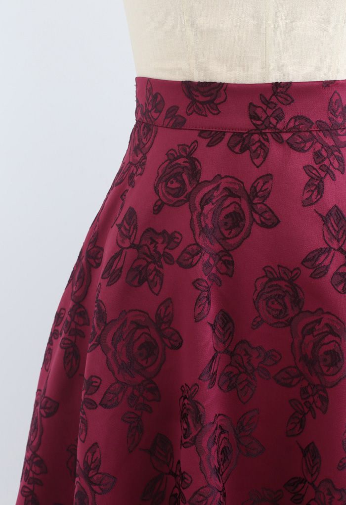 Wine Rose Jacquard A-Line Skirt
