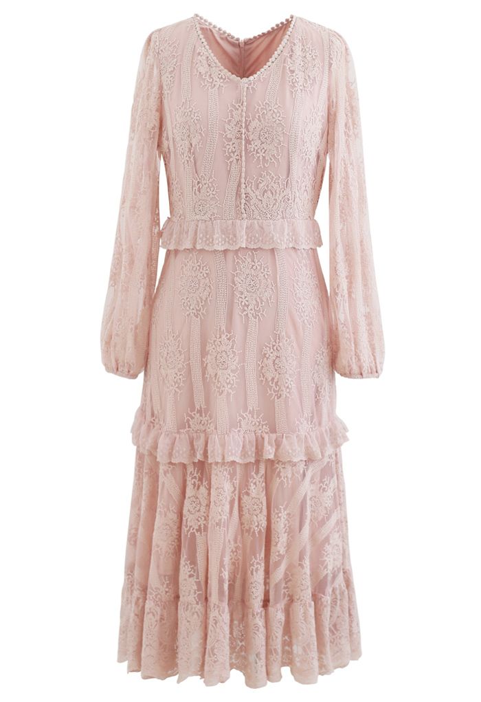 Breezy Embroidered V-Neck Mesh Midi Dress in Dusty Pink