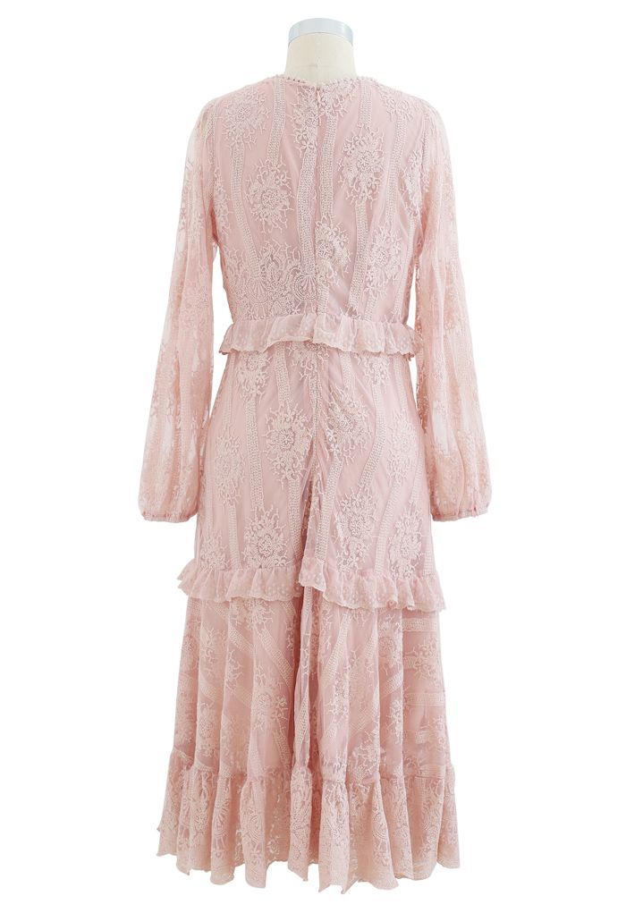 Breezy Embroidered V-Neck Mesh Midi Dress in Dusty Pink