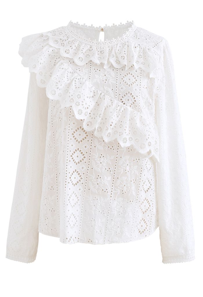Embroidered Floral Eyelet Ruffle Top in White