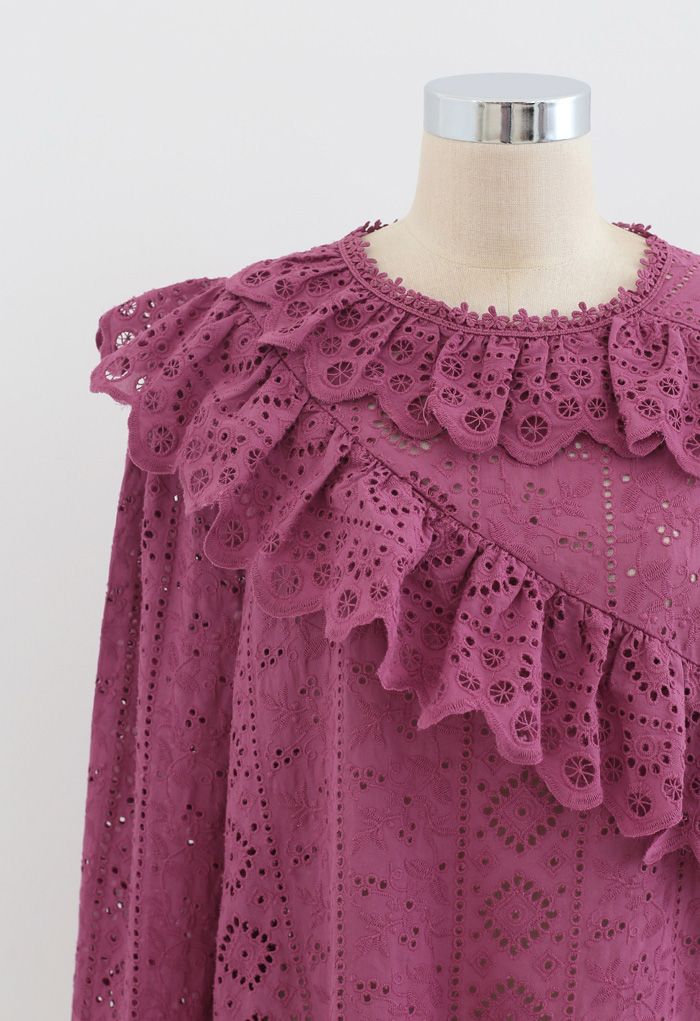 Embroidered Floral Eyelet Ruffle Top in Berry