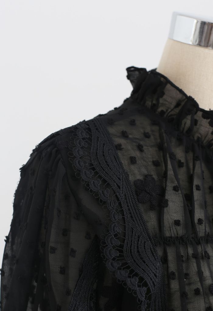 Crochet Wavy Flock Dot Tassel Organza Top in Black