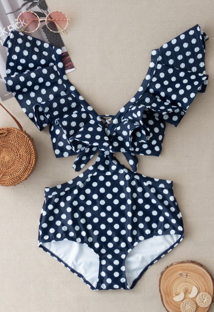 Dotted Plunging V-Neck Bowknot Ruffle Swimsuit