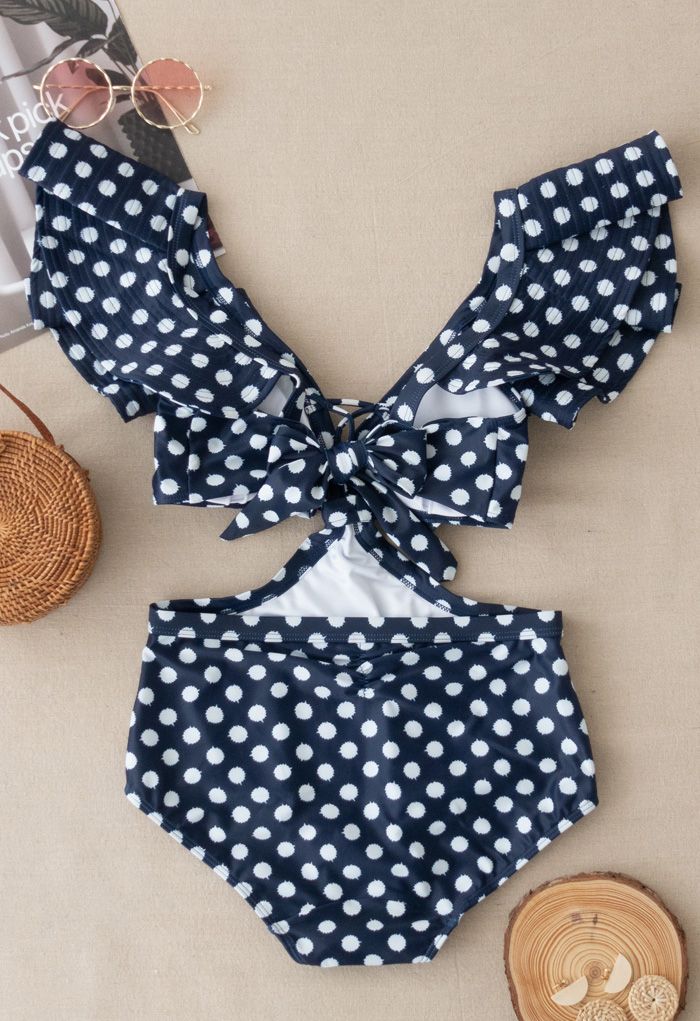 Dotted Plunging V-Neck Bowknot Ruffle Swimsuit