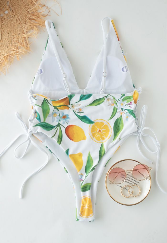 Lemon Print Lace-Up Swimsuit
