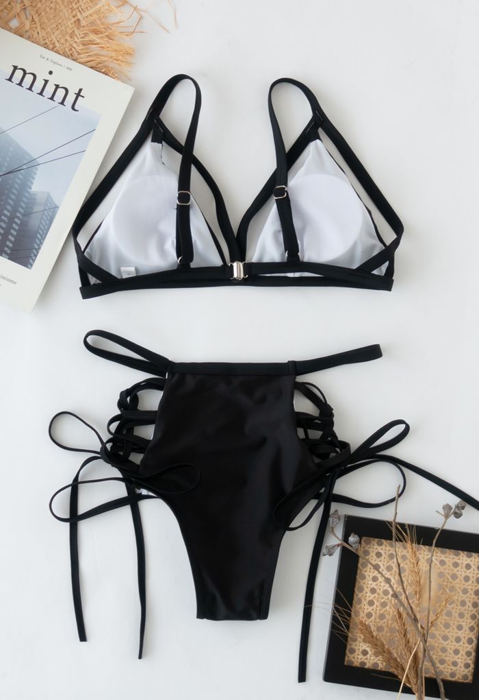 Lace-Up Strapped Bikini Set in Black