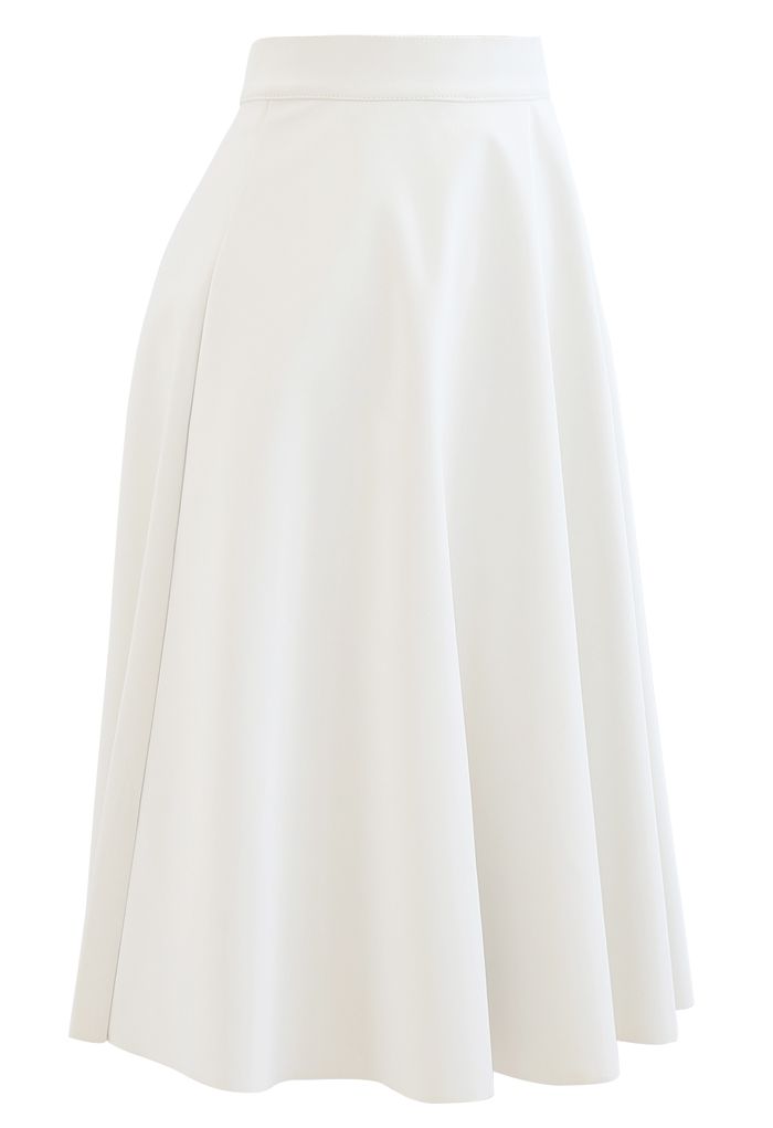 Sleek Faux Leather A-Line Midi Skirt in White