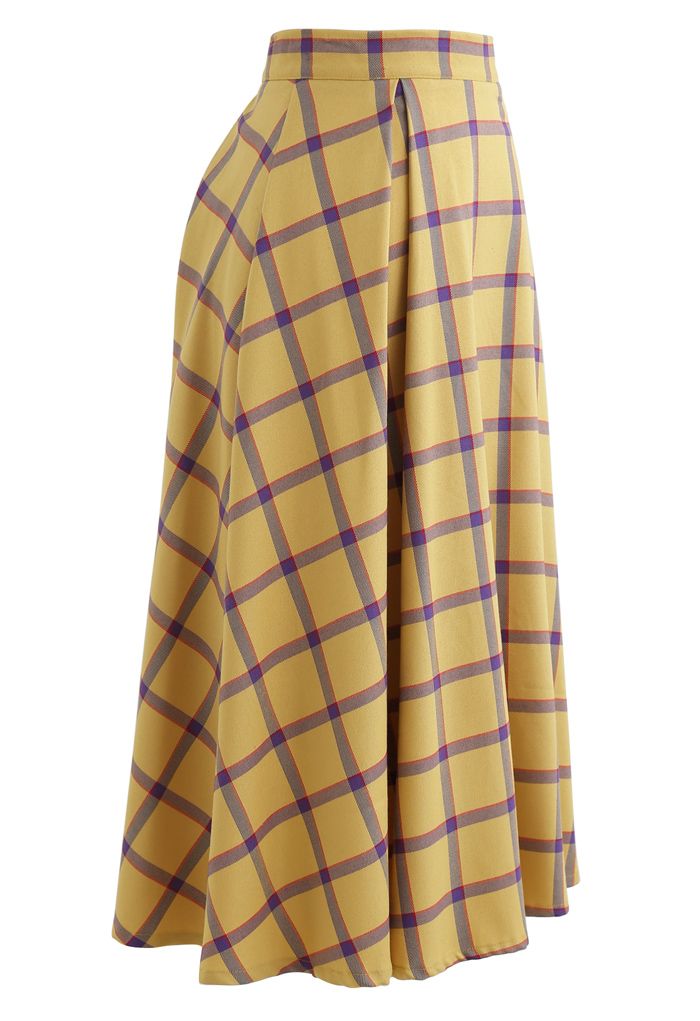 Grid A-Line Midi Skirt in Yellow