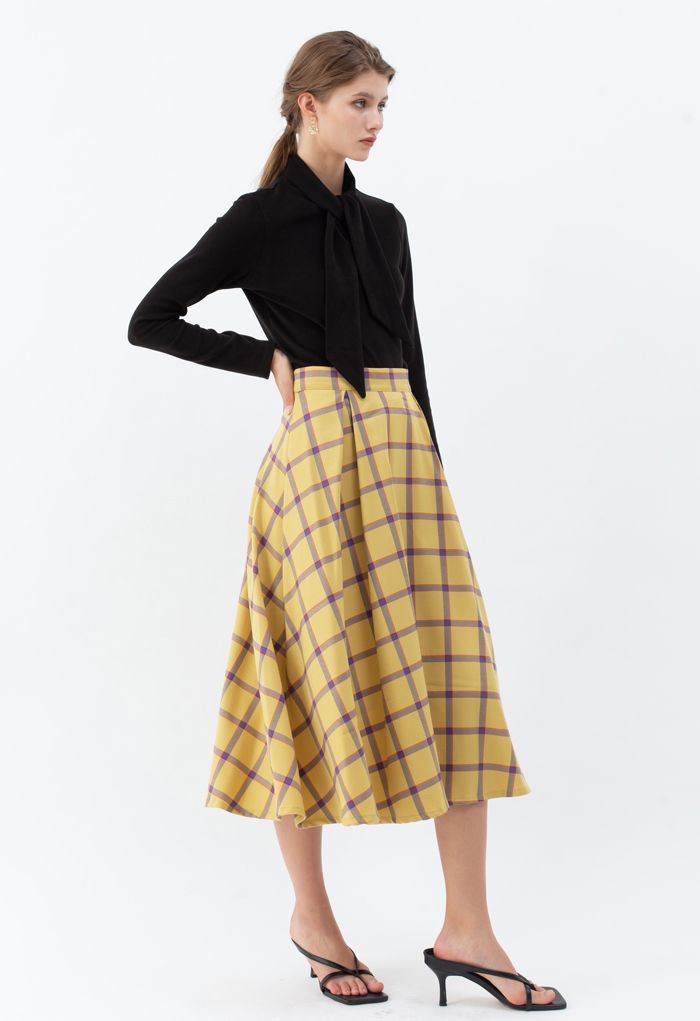 Grid A-Line Midi Skirt in Yellow