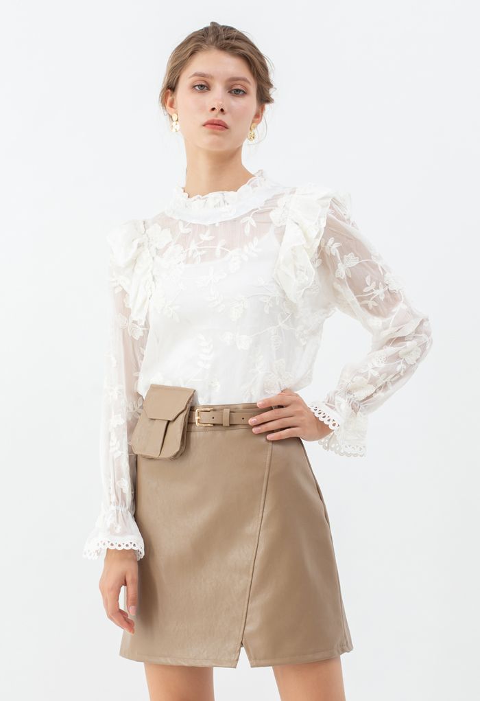 Sheer Organza Embroidered Floral Ruffle Top in White