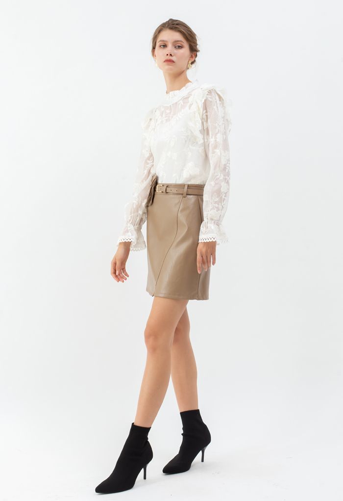 Belted Pocket Faux Leather Mini Bud Skirt in Tan