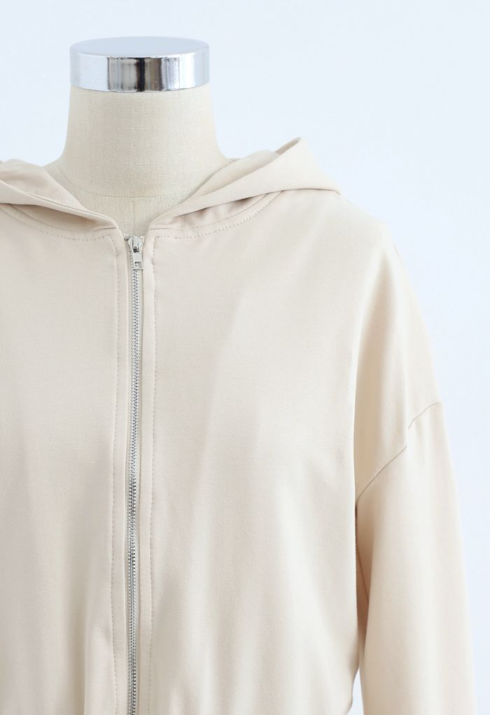 Hooded Zipper Sweatshirt and Drawstring Joggers Set in Cream