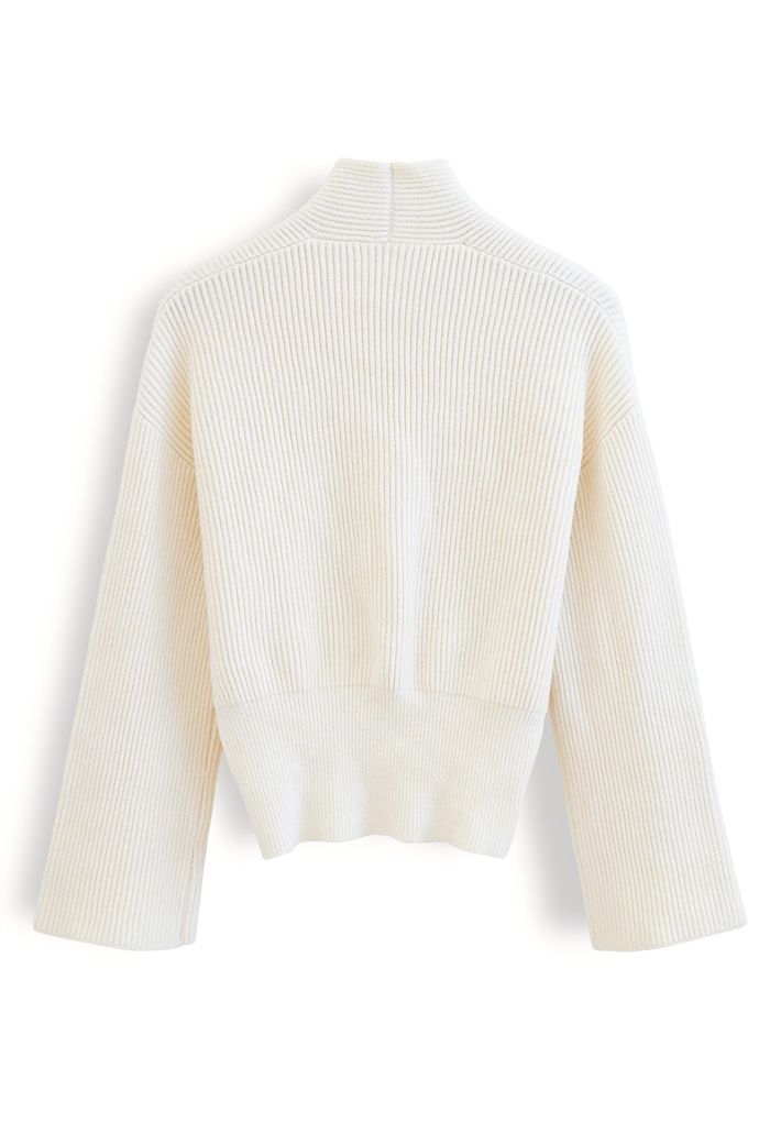 Ribbed Flare Sleeves Wrap Knit Top in Ivory