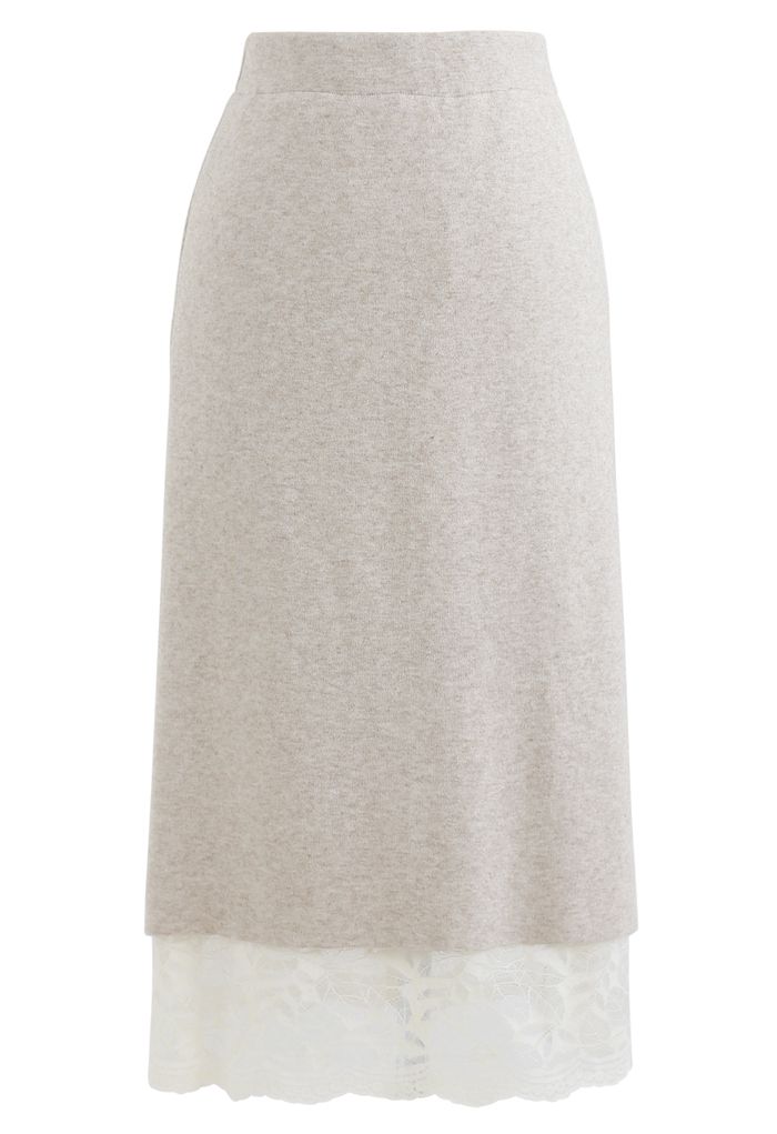 Leaves Pattern Button Lace Knit Midi Skirt in Cream