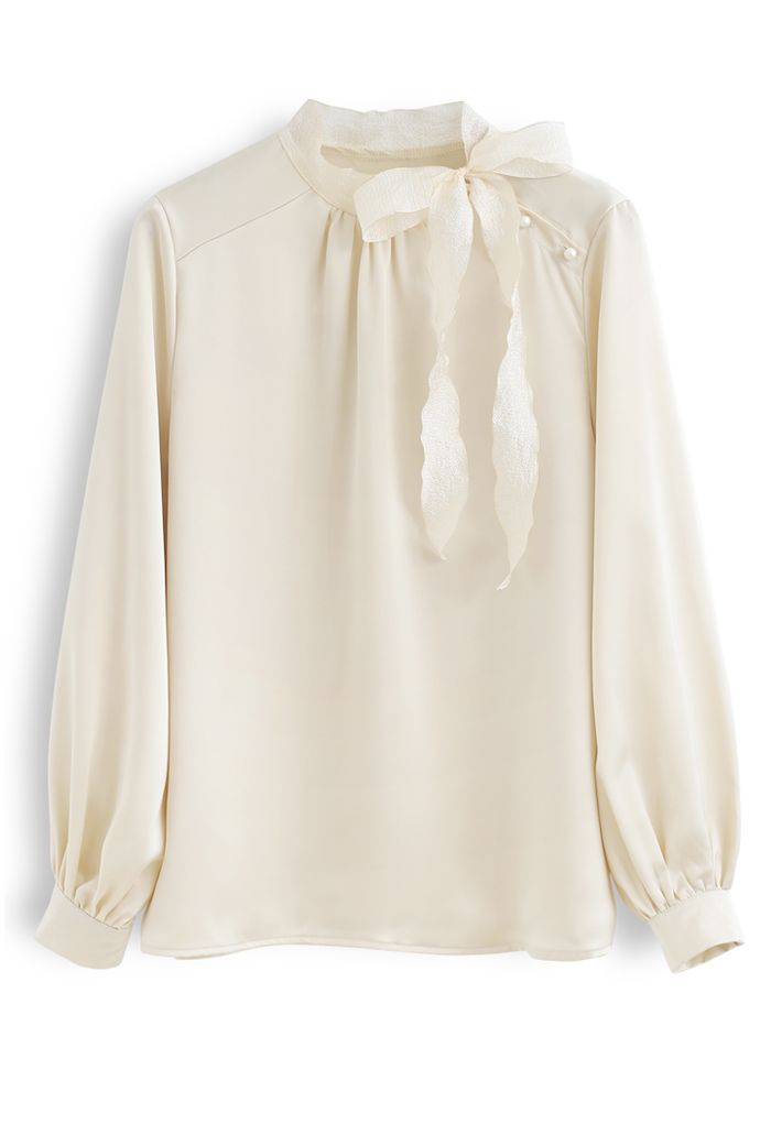 Satin Bowknot Neck Long Sleeves Top in Light Yellow