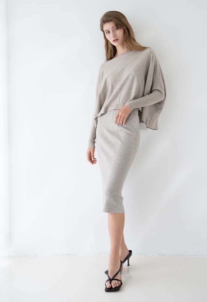 High Waist Ribbed Knit Pencil Skirt in Sand