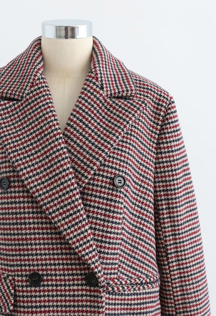 Houndstooth Double-Breasted Wool Blend Longline Coat in Wine