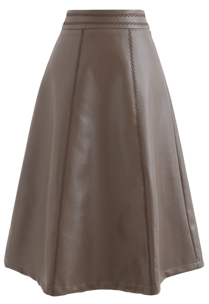 Stitch Faux Leather A-Line Midi Skirt in Taupe