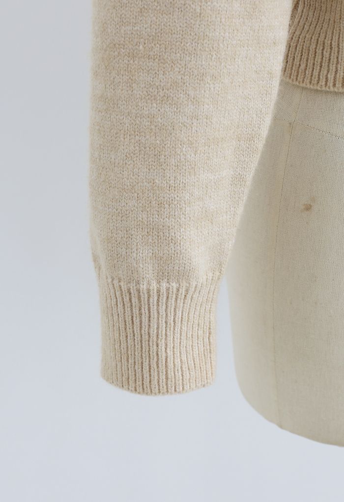 Peter Pan V-Neck Knit Crop Sweater in Light Tan