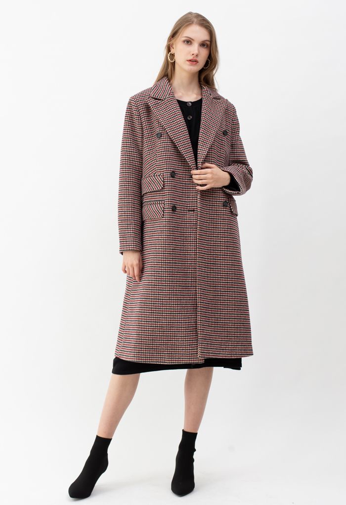 Houndstooth Double-Breasted Wool Blend Longline Coat in Wine