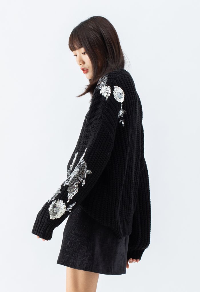 Sequin Floral Ribbed Chunky Knit Sweater in Black