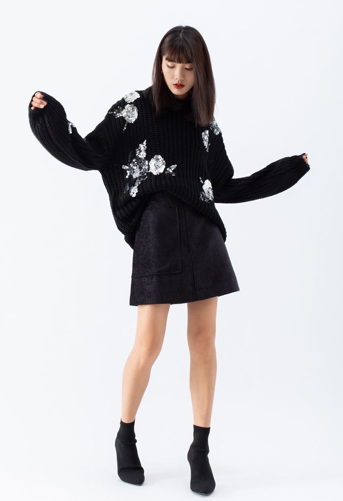 Sequin Floral Ribbed Chunky Knit Sweater in Black